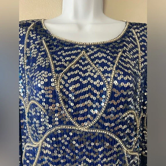 Vintage Blue Sequin Beaded Silk Dress Art Deco Midi Party Formal - Picture 2 of 16
